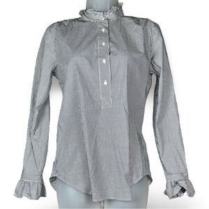 Ann Taylor XS Gray White Striped Ruffle Button Up Blouse Preppy Career‎ Top